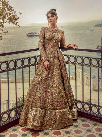Beige Green Pink Florel Jaal Gown