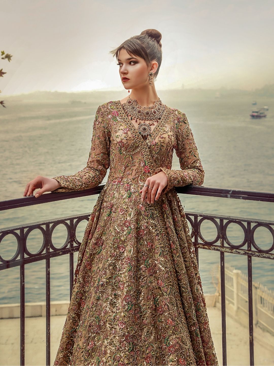 Beige Green Pink Florel Jaal Gown