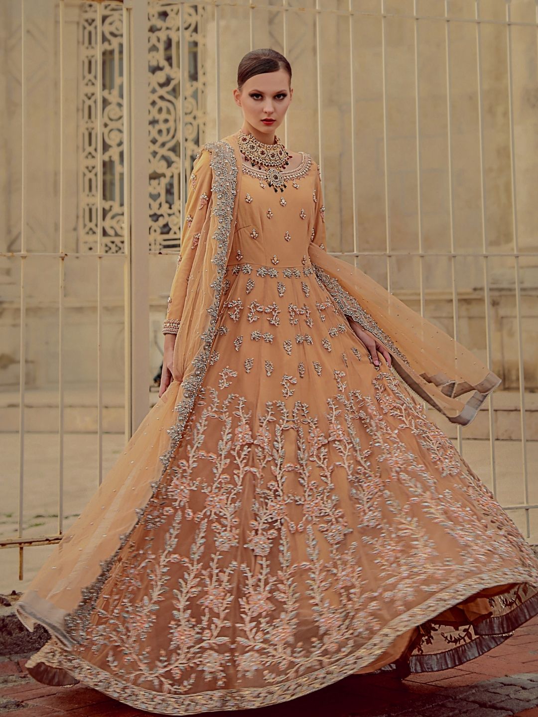 Peach Silver Jaal Crystal Bridal Gown