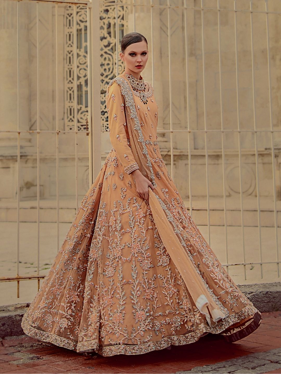 Peach Silver Jaal Crystal Bridal Gown
